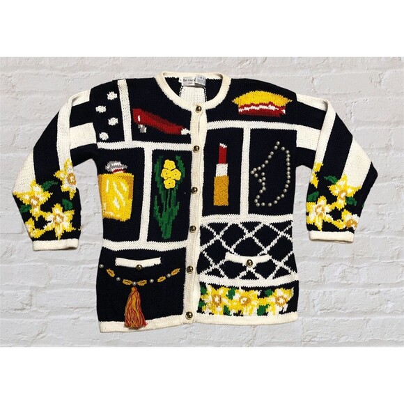 1991 The Eagles Eye Cardigan Sweater Flowers Lipstick Faux Pearls Vintage - Picture 2 of 9
